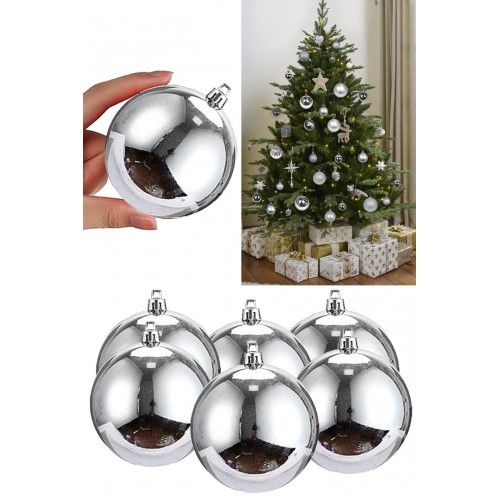 6 Adet Büyük Boy Gümüş Gri Yılbaşı Çam Ağaçı Süsü Yeni Yıl Noel Dekor Parlak Cici Top Süs 6cm