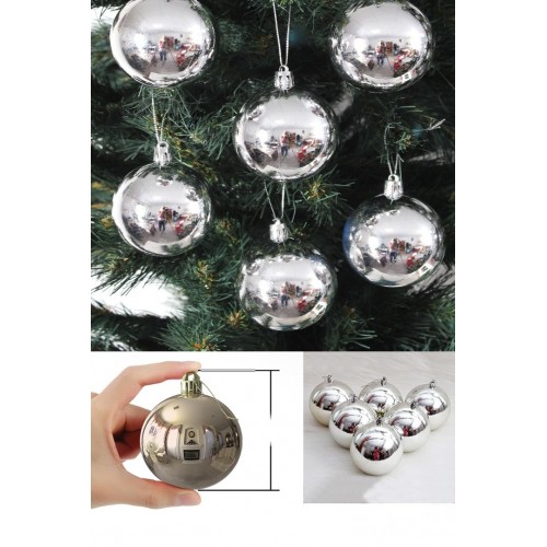  6'lı 8 Cm Yılbaşı Gümüş Çam Ağaçı Süsü Silver Parlak Büyük Boy Cici Top Süs Yeni Yıl Cam Ağaçı Topu