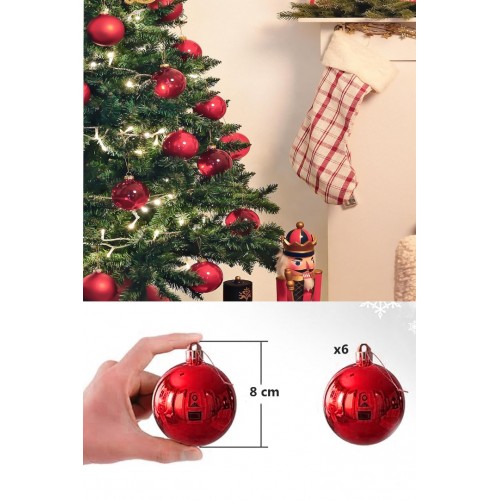 6'lı 8 Cm Yılbaşı Kırmızı Çam Ağaçı Süsü Parlak Büyük Boy Cici Top Süs Yeni Yıl Cam Ağaçı Topu