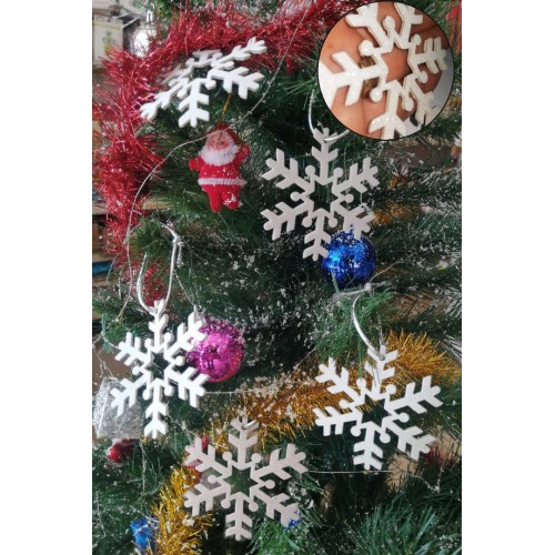 6'lı Gümüş Kar Tanesi Simli Eva Yılbaşı Çam Ağacı Dekorasyon Süs Yeni Yıl Hediye Süsü 7cmx7cm