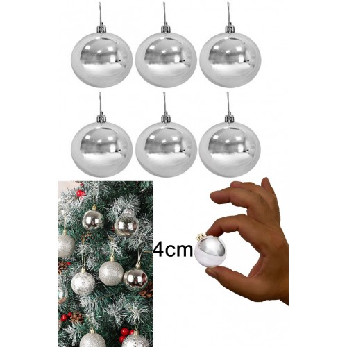 Gümüş Gri 6lı Yılbaşı Top Süs 4cm Çam Ağacı Süsleri Noel Dekorasyon Cici Top Silver Aynalı Süsleme