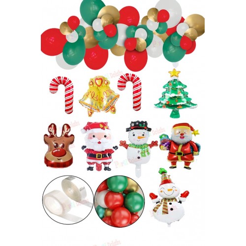 Yılbaşı 40 Metalik Balon 9'lu Folyo Balon Zincir Sticker Süsleme Seti Yeni Yıl Noel Baba Mekan Süs