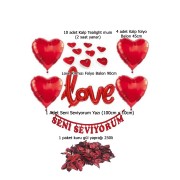  14 Şubat Set Sevgililer Günü Balonlu Gül Yapraklı Süsleme Hediye Seti Love Folyo imza + 4 Kalp Balon