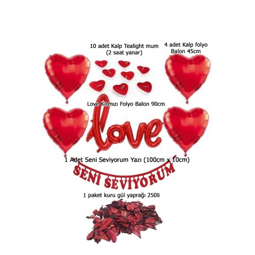  14 Şubat Set Sevgililer Günü Balonlu Gül Yapraklı Süsleme Hediye Seti Love Folyo imza + 4 Kalp Balon