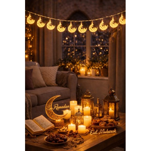 1.5mt Ramazan Led Işık Hilal Yıldız 10 Sarı Günışığı Pilli Süs Tavan Süsü Dini Bayramı Süsleme Seti