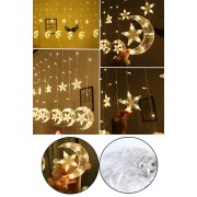  3 Metre Ay Yıldız Ramazan Dekoratif Günışığı Perde Led Süsleme 12'li Mekan Oda Ramazan Süslemeleri