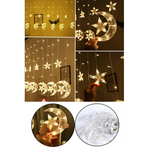  3 Metre Ay Yıldız Ramazan Dekoratif Günışığı Perde Led Süsleme 12'li Mekan Oda Ramazan Süslemeleri