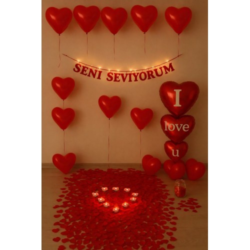 Evlilik Yıl Dönümü Sürpriz Süsleme Hediyesi Romantik Yıldönümü Süs + 10 Mum ve Balon, Gül Yaprağı