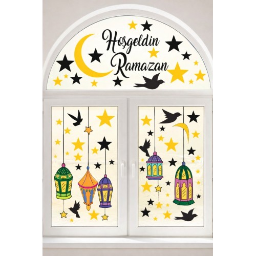 Hoşgeldin Ramazan Ayı Sticker Süsleme Yapışkanlı Duvar Cam Dolap Süsü Çıkartma Süsleri Set Bayramı