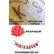 Romantik Yetişkin Doğum Günü Süsleme Seti: Kalp Balon, Tealight Mum, Kuru Gül Yaprağı, Keçe Süs