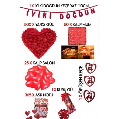 Sevgiliye Sürpriz Romantik Doğum Günü Süs Paketi Yazı Kalp Mum Ve Balon Kuru Gül yaprağı aşk notları