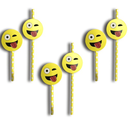 1 Adet 6lı Emojili Beyaz Benekli Sarı Parti Pipeti - Parti Dolabı