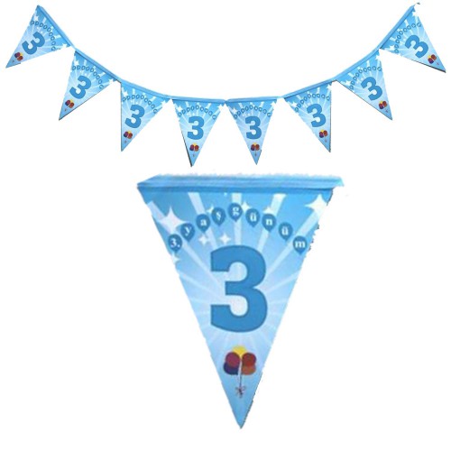 1 Adet Erkek Mavi 3. Yaş Günüm Yazılı Doğum Günü Parti Flaması - Parti Dolabı