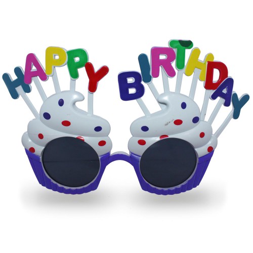 Renkli Happy Birthday Yazılı Mavi Cupcake Desenli Parti Gözlüğü - Parti Dolabı