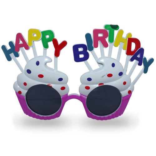 Renkli Happy Birthday Yazılı Mor Cupcake Desenli Parti Gözlüğü - Parti Dolabı