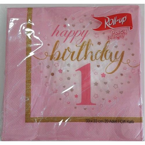 1 Yaş Pembe 20 Adet Yıldızlı Happy Birthday Peçete Parti Peçetesi - Parti Dolabı