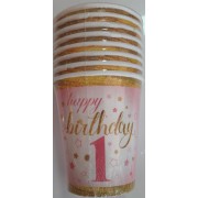 1 Yaş Pembe 8 Adet Yıldızlı Happy Birthday Bardak Parti Bardağı