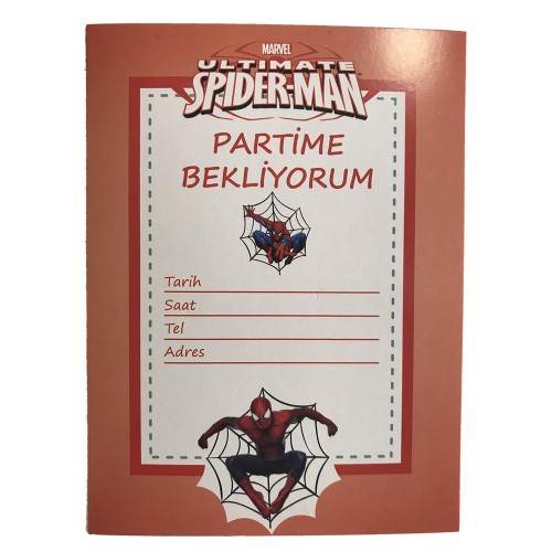 10 Ad Spiderman (Örümcek Adam) Partime Bekliyorum Davetiye Erkek - Parti Dolabı