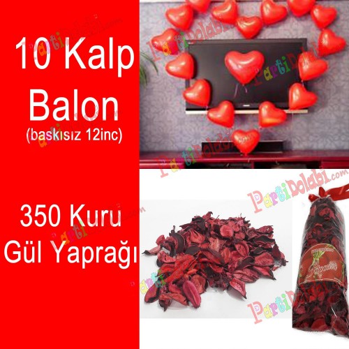 10 Kalp Balon + 350 Kuru Gül, Kalpli Balon ve Gül Yaprakları - Parti Dolabı