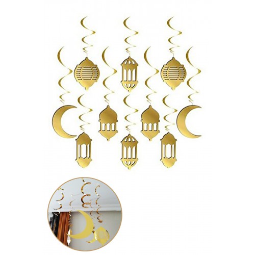 10'lu Gold 3d Uzar Tavan Süs Metalik Altın Hoşgeldin Ramazan 11 Ayın Sultanı Temalı Dekor Oda Süsü