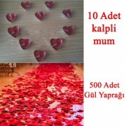 10 Mum + 500 Kumaş Gül Yaprağı Kalpli Mum ve Yapay Gül Yaprakları