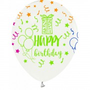 12 Ad Happy Birthday Floresan Şeffaf Balon Fosforlu Helyumla Uçan
