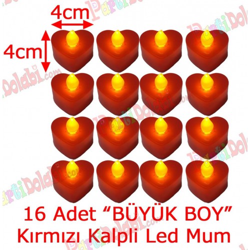 16 Adet 4x4cm Işıklı Kalp Mum Görünümlü, Kırmızı Led Mum