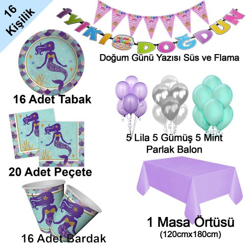 16 Kişi Deniz Kızı Ariel Temalı Doğum Günü Partisi Paketi Seti - Parti Dolabı