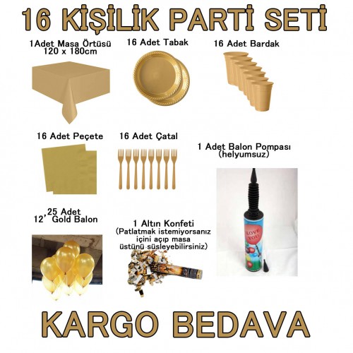 16 Kişilik 11 Parça Altın Sarısı Gold Standart Parti Süs Seti Konsept Ürünler - Parti Dolabı