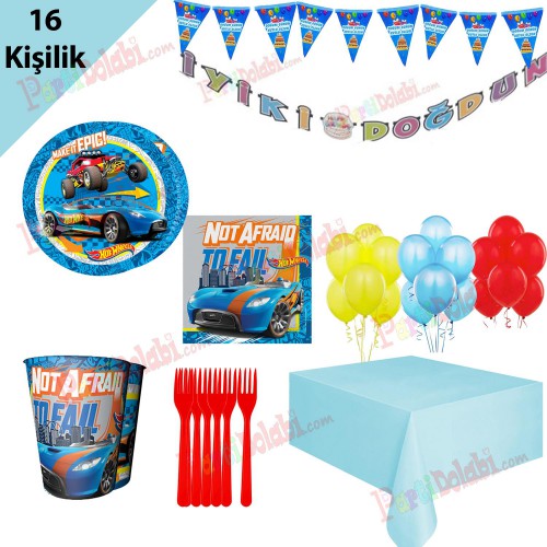 16 Kişilik Hot Wheels Doğum Günü Konsepti, Tabak Bardak Süslemeleri - Parti Dolabı