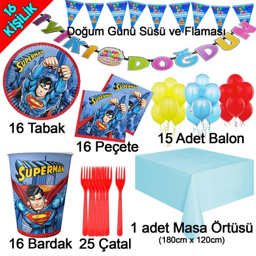 16 Kişilik Superman Temalı Doğum Günü Paketi, Tabak Bardak Çatal - Parti Dolabı