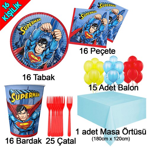 16 Kişilik Superman Temalı Doğum Günü Seti, Süpermen Tabak Bardak - Parti Dolabı