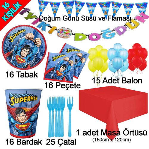 16 Kişilik Superman Temalı Doğum Günü Süsleri, Tabak Bardak Çatal - Parti Dolabı