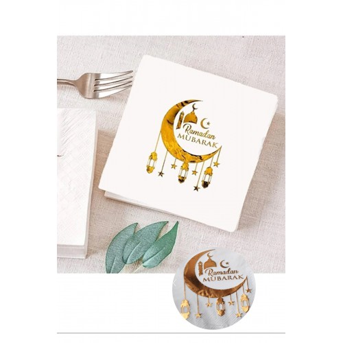 16lı Ramadan Mubarak Gold Parlak Peçete Altın Varaklı Ramazan Temalı Iftar Sofrası Dini Süs 16x16cm