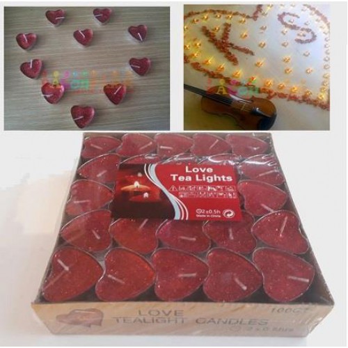 20 Kırmızı Kalp Mum Tea light + 300 Kuru Gül Yaprakları - Parti Dolabı