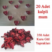 20 Mum + 350 Kuru Gül Yaprağı, Kalpli Mum ve Kuru Gül Yaprakları