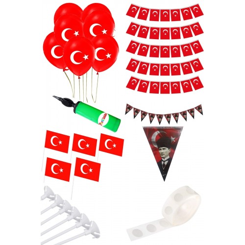 23 Nisan Süsleri Türk Bayrağı Balon Bayrak Flama Çubuklu Bayrak Paketi ve Ev Kreş Okul Süsleme Seti