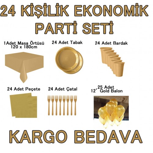 24 Kişi 12 Parça Altın Sarısı Gold Parti Malzemeleri Seti Konsept - Parti Dolabı