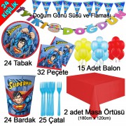 24 Kişilik Superman Temalı Doğum Günü Süsleri, Tabak Bardak Çatal
