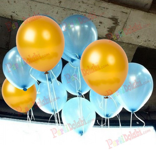 25 Adet Metalik Gold Altın Rengi-Açık Mavi Balon Helyumla Uçan - Parti Dolabı