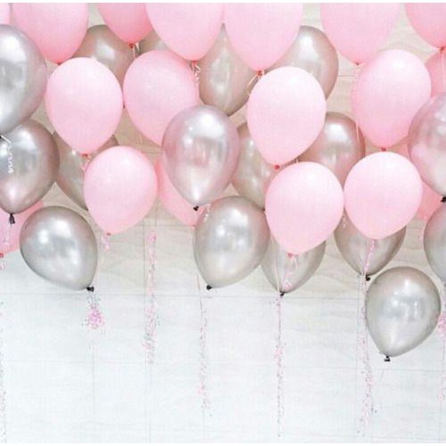 25 Ad Metalik Sedefli (Şeker Pembe-Gümüş Gri) Balon Helyumla Uçan - Parti Dolabı