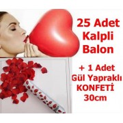 Sevgiliye Sürpriz Doğum Günü 25 Kalp Balon + 30 cm Gül Konfeti 