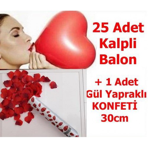 Sevgiliye Sürpriz Doğum Günü 25 Kalp Balon + 30 cm Gül Konfeti - Parti Dolabı