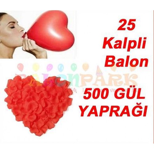 25 Kalp Balon Kırmızı 500 Gül Yaprağı Romantik Aşk Paketi Süsleme - Parti Dolabı