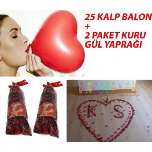 25 Kalpli Balon,700 Gül yaprağı sevgiliye hediye sevgililer günü sepeti - Parti Dolabı