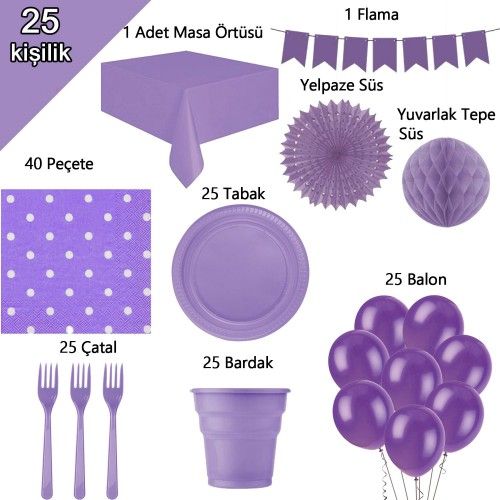 25 Kişilik Mor-Lila Parti Konsepti, Bardak Çatal Balon vb Paketi - Parti Dolabı