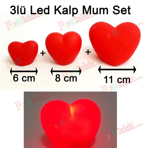 3 Adet Işıklı Kırmızı Kalp Mum 3D Dekoratif Romantik Hediyelik