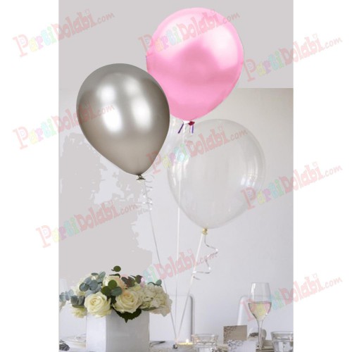 30 Adet Metalik Sedefli Gümüş Gri - Şeffaf - Şeker Pembe Balon - Parti Dolabı