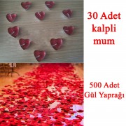 30 Mum + 500 Kumaş Gül Yaprağı Kalpli Mum ve Yapay Gül Yaprakları