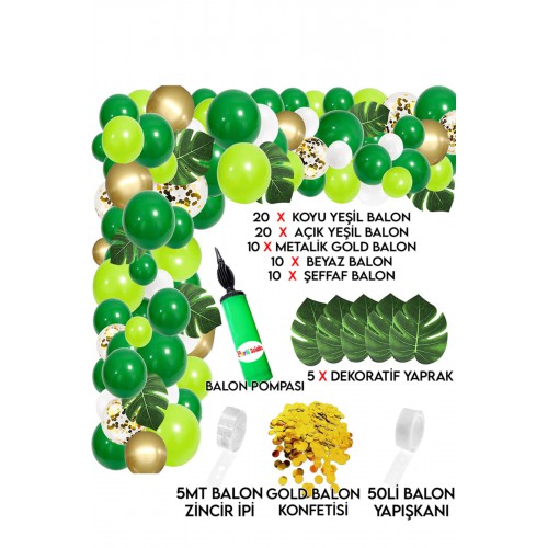 5 Yapraklı 70li Balon Zinciri Safari Tropikal Balon Dekor Doğum Günü Yeşil Dinozor, Orman, Hayvan - Parti Dolabı